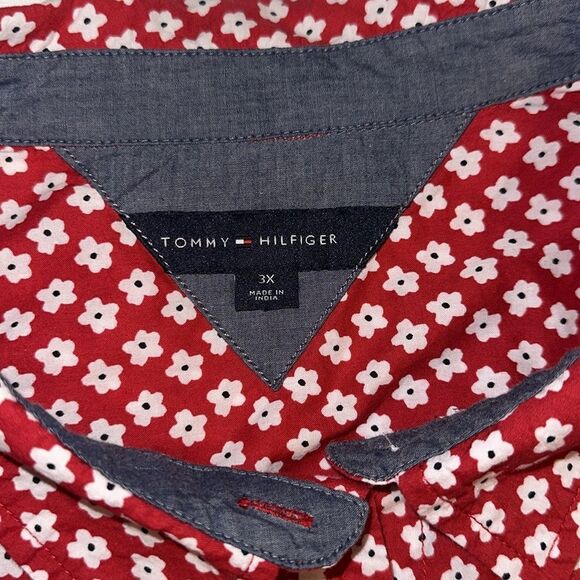 Tommy Hilfiger 3X Scarlet Red White Ditsy Floral Chambray Trim Tab Sleeve Shirt - Picture 6 of 7